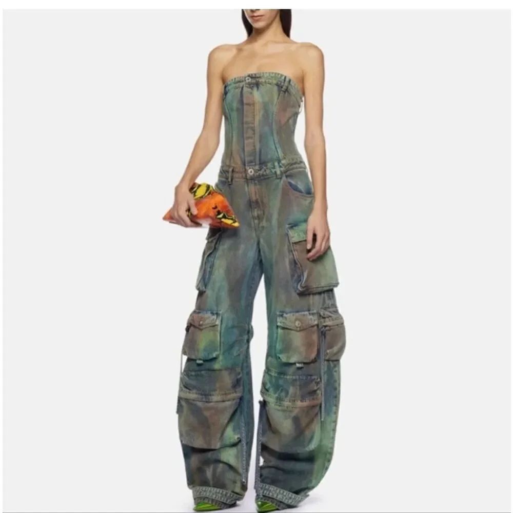 All things, cherished denim romper jumpsuit, mimics Attico cargo jumpsuit